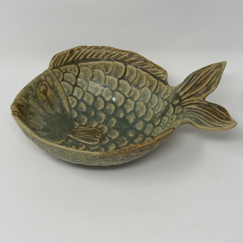Green Glazed Ceramic Fish Shaped Bowl Serving Dish Nautical Decor